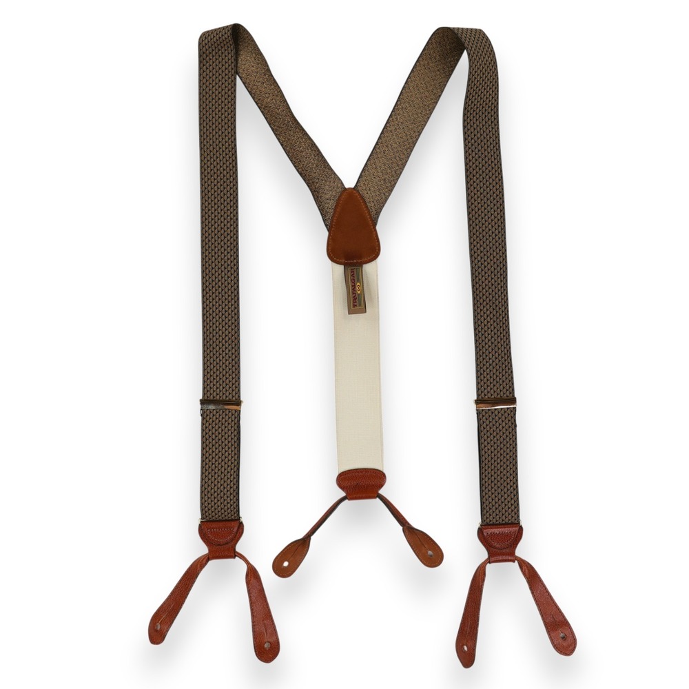 Trafalgar Suspenders Leather Button On Braces Blue Gold Made in England